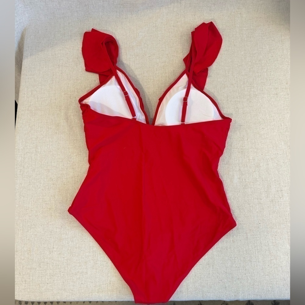 Red One Piece Swimsuit Ruffled Deep V - Picture 5 of 8